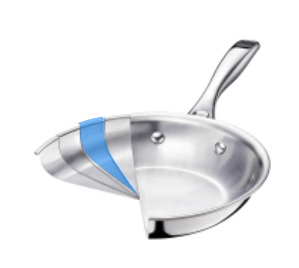 Cutaway pan with central aluminum layer highlighted