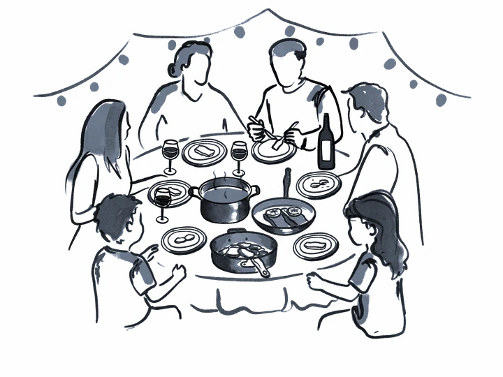 Line sketch of a family gathered around a dinner table
