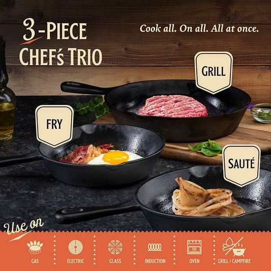Simple Chef Cast Iron Skillet 3-Piece Set For Frying,Saute,Cooking,Pizza &  More