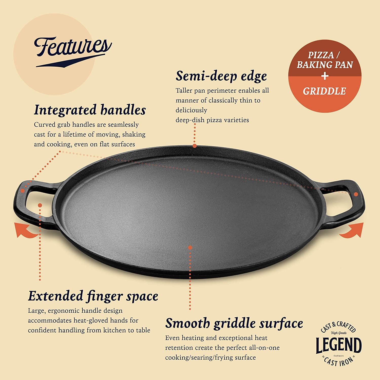 Legend Cast Iron Skillet with Lid, Large 10” Frying Pan with Glass Lid &  Silicone Handle for Oven, Induction, Cooking, Pizza, Sauteing, Grilling